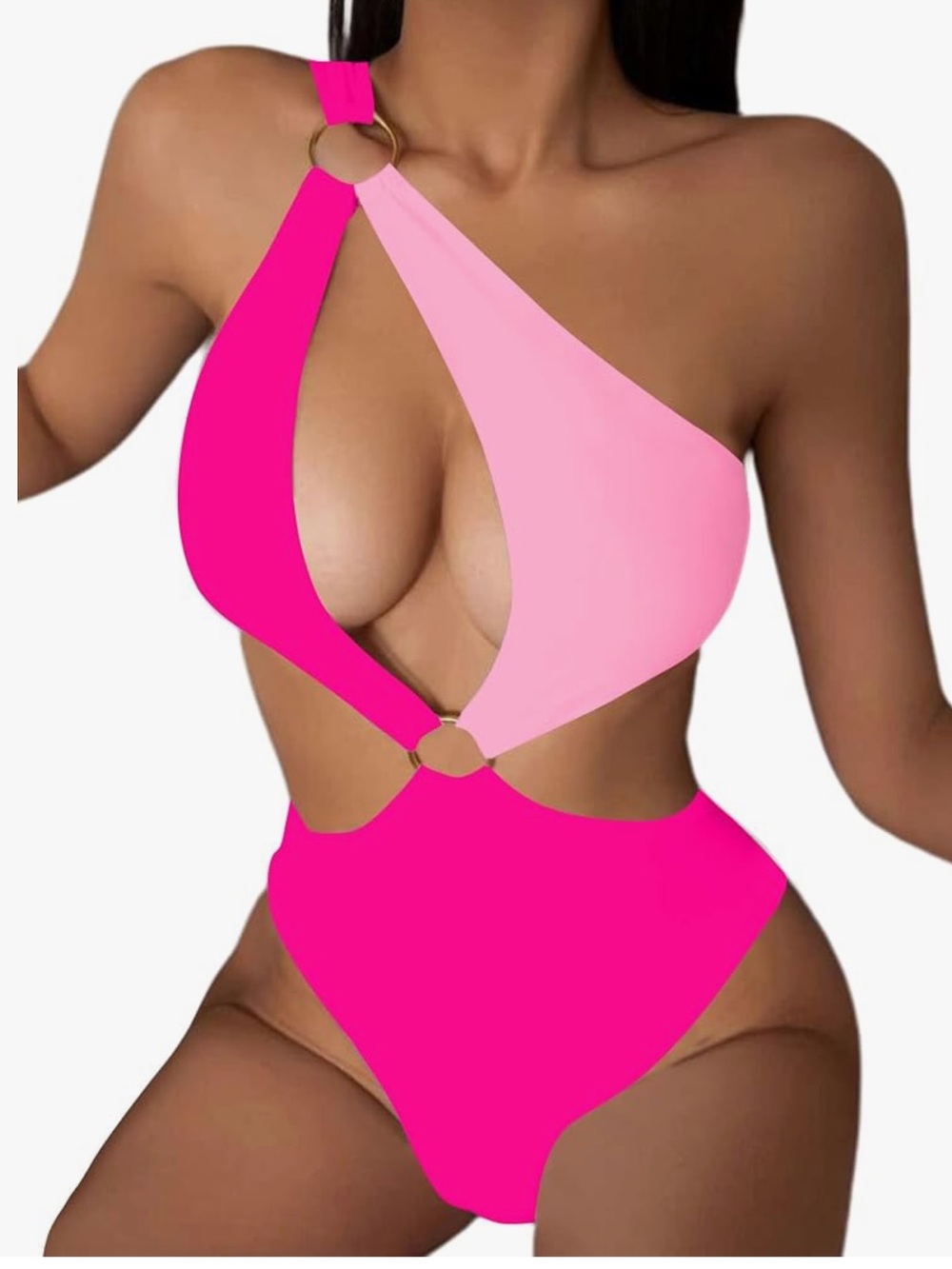 O-Ring Cutout Halter One-Piece Swimsuit - Hot Pink / Light Pink